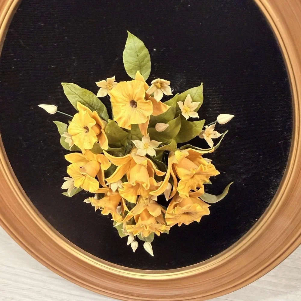 3D Floral Shadow Box Oval Frame Black Velvet Yellow Flowers Cottagecore Vintage